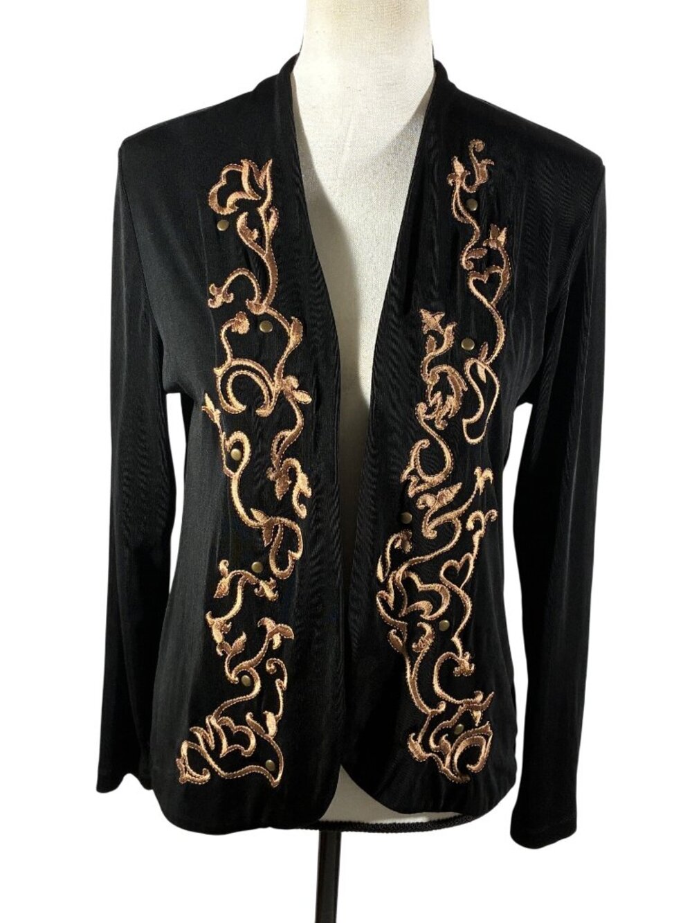 Chicos Travelers Black Cardigan Jacket Gold Embroidery Size 1 US M